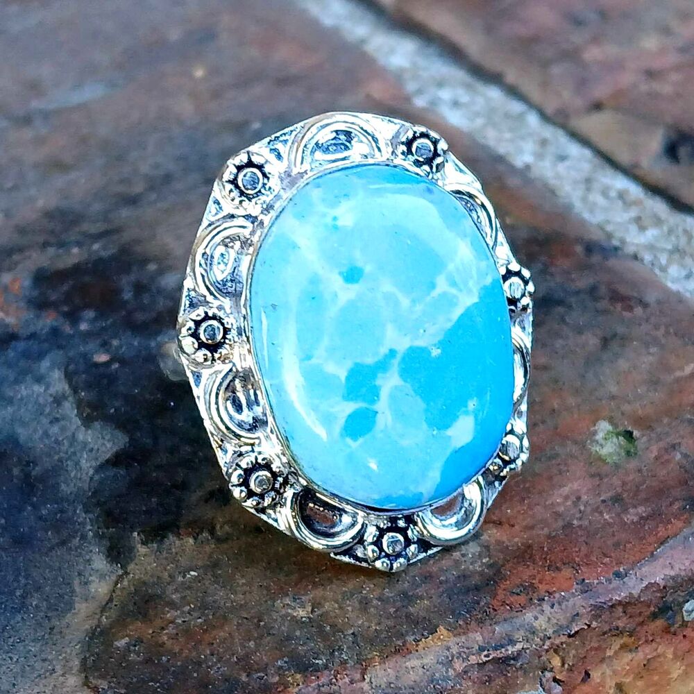 925 Plated Larimar Crystal Ring, Gemstone Jewelry, Silver, Size 9